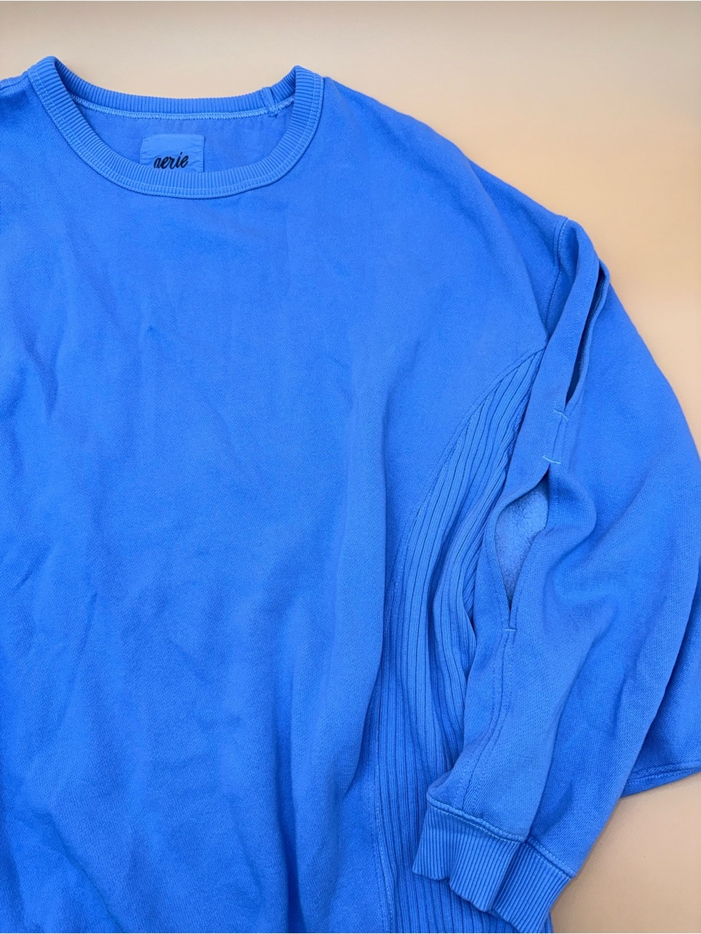 aerie Tres Chic Keyhole Light Blue Crewneck Sweater with Split-Sleeve Detail - Picture 6 of 9